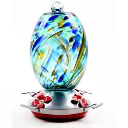 Blue Blown Glass Hummingbird Feeder with Perch and 4 Feeding Ports - Free Shipping