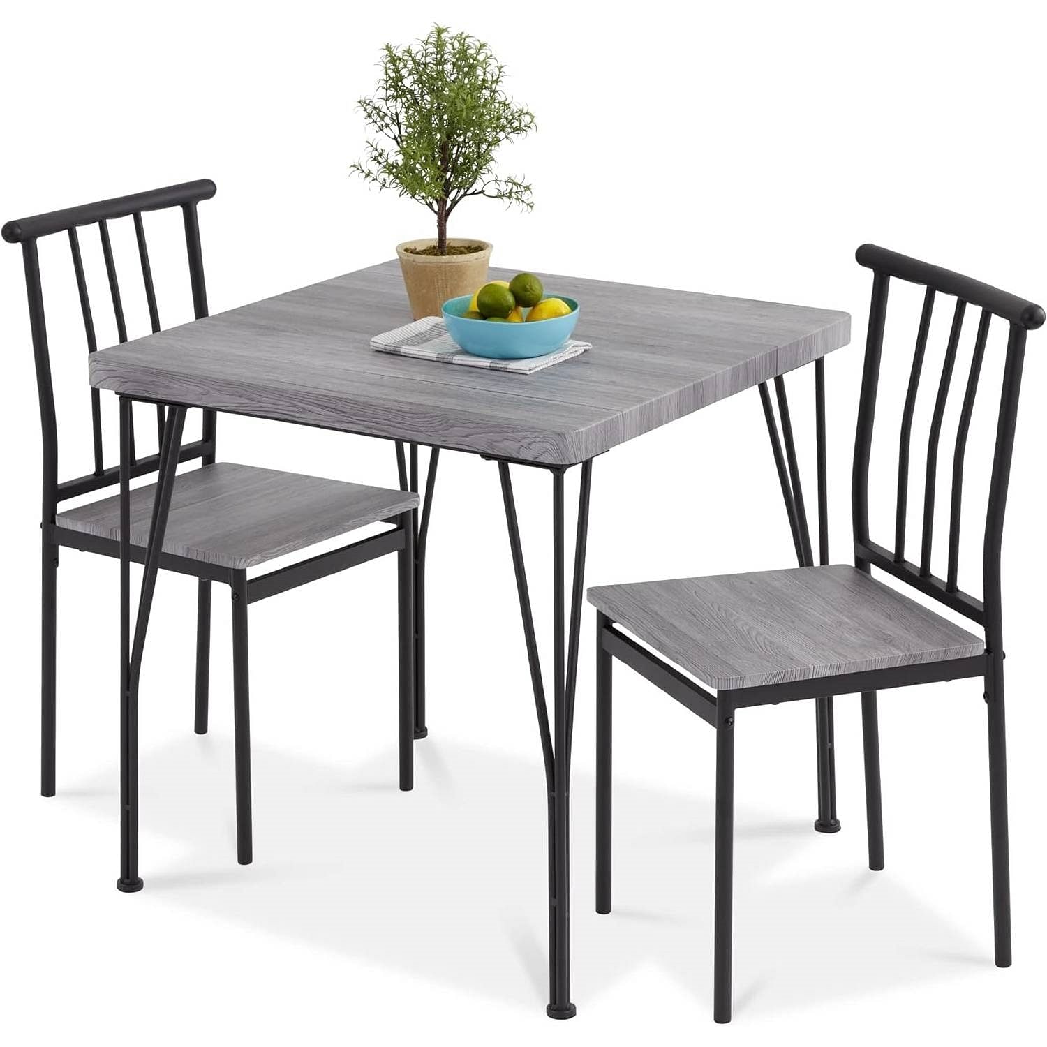 Modern 3-Piece Metal Frame Dining Set with Grey Wood Top Table and 2 Chairs - Free Shipping
