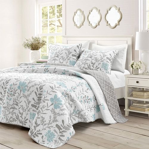 King Size Blue Grey Floral Lightweight Thin Polyester Fabric 3-Piece Quilt Set - Free Shipping