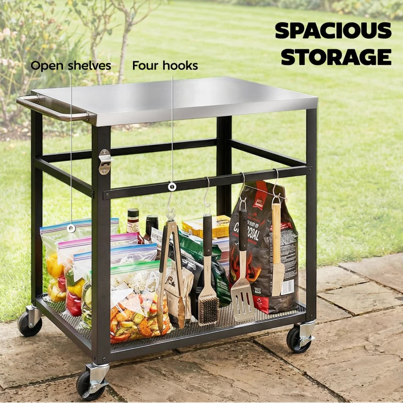 Outdoor Grill Cart with Stainless Steel Tabletop, 2-Tier Kitchen Prep Station with Hooks, Lockable Wheels, Black