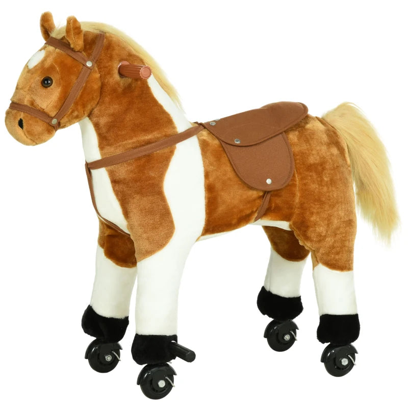 Qaba Kids Rocking Horse, Large Walking Ride on Toy for Toddlers 3 year old, Baby Plush Animal Rocker with Sound and Wheel, Brown