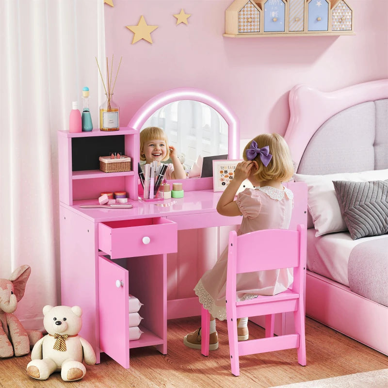 Qaba Kids Vanity Set, Toddler Dressing Table and Chair Set with Lighted Mirror, Cabinet, Drawer and Shelves, Pink