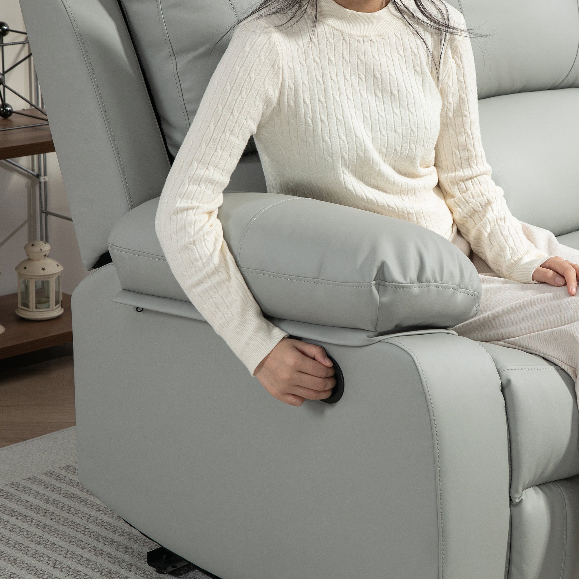 HOMCOM PU Leather Manual Recliner Sofa, Double Reclining Loveseat with Pullback Control Footrest for Living Room, Light Grey