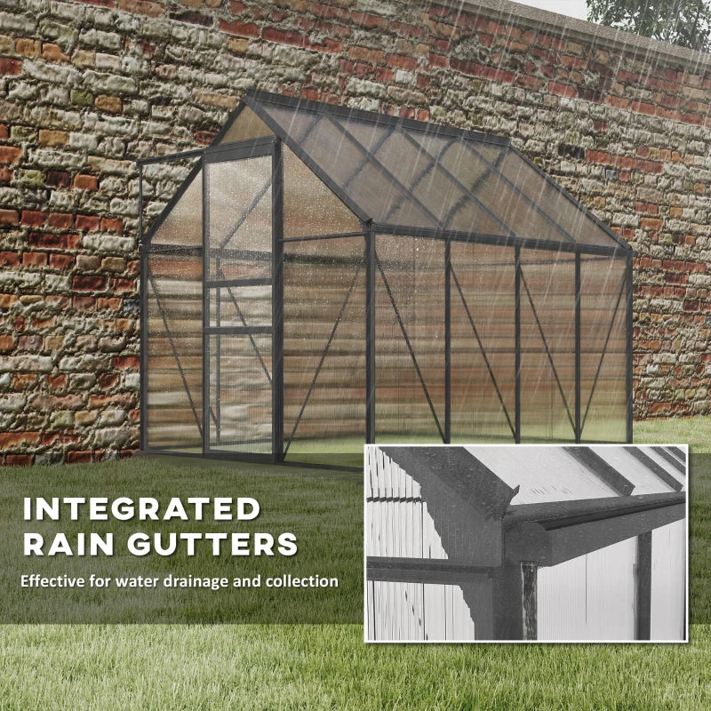 6' x 8' x 6.5' Polycarbonate Greenhouse, Walk-in Green House with Adjustable Roof Vent Galvanized Base Sliding Door Rain Gutter for Outdoor Garden Backyard, Charcoal Grey