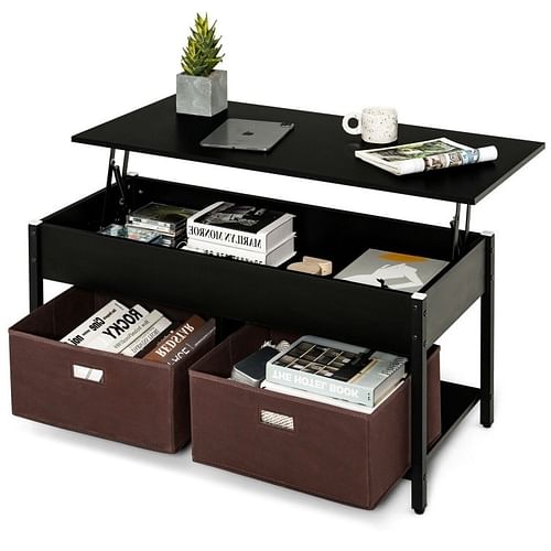 FarmHouse Black Lift-Top Multi Purpose Coffee Table with 2 Storage Drawers Bins - Free Shipping