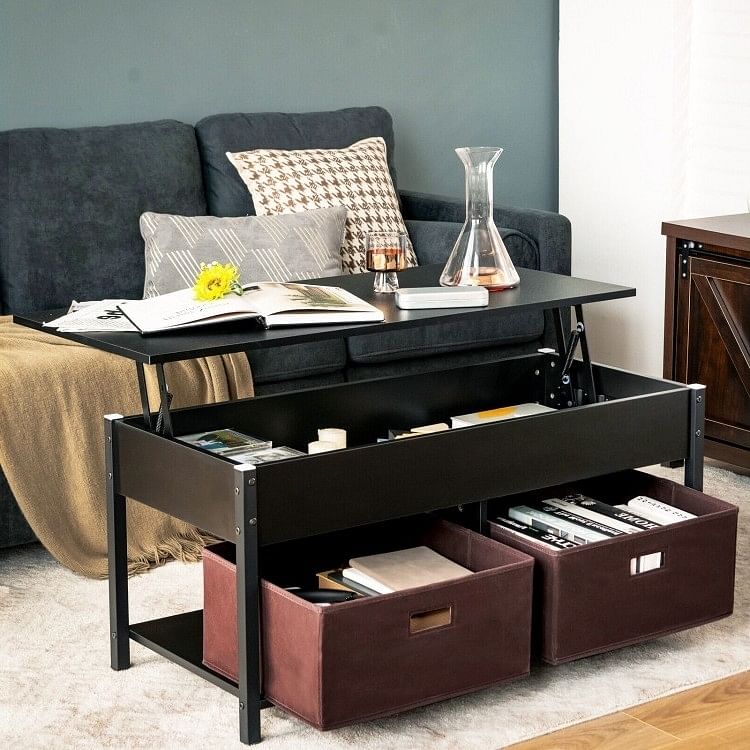 FarmHouse Black Lift-Top Multi Purpose Coffee Table with 2 Storage Drawers Bins - Free Shipping