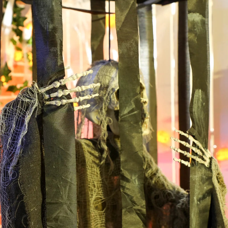 Outsunny Animatronic Hanging Skeleton Reaper in Cage – Voice-Activated Halloween Prop with Flashing Eyes