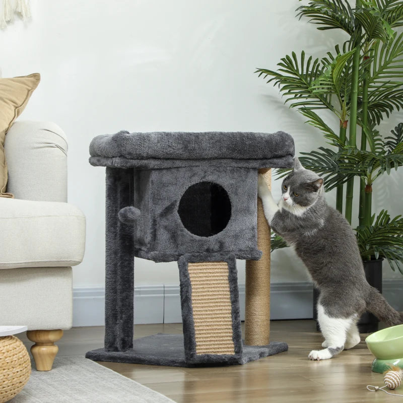 Cat Tree, Small Cat Tower with Perch, Scratching Post, Cat Condo, Toy Ball for Kitty, Indoor Use, Dark Grey