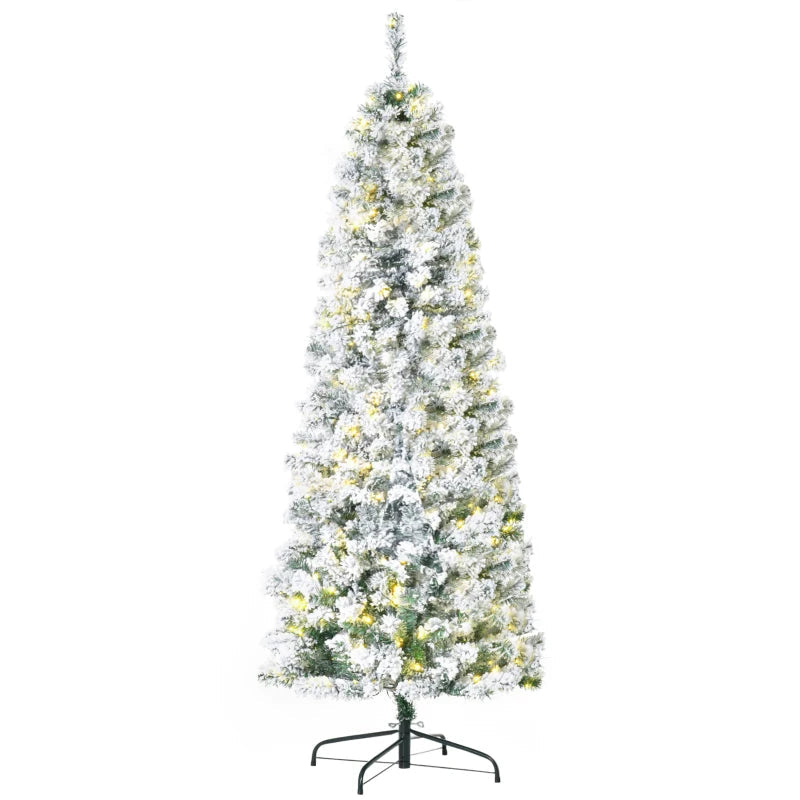HOMCOM 7.5FT Prelit Snow Flocked Christmas Tree with Warm White LED Lights, Artificial Holiday Decoration
