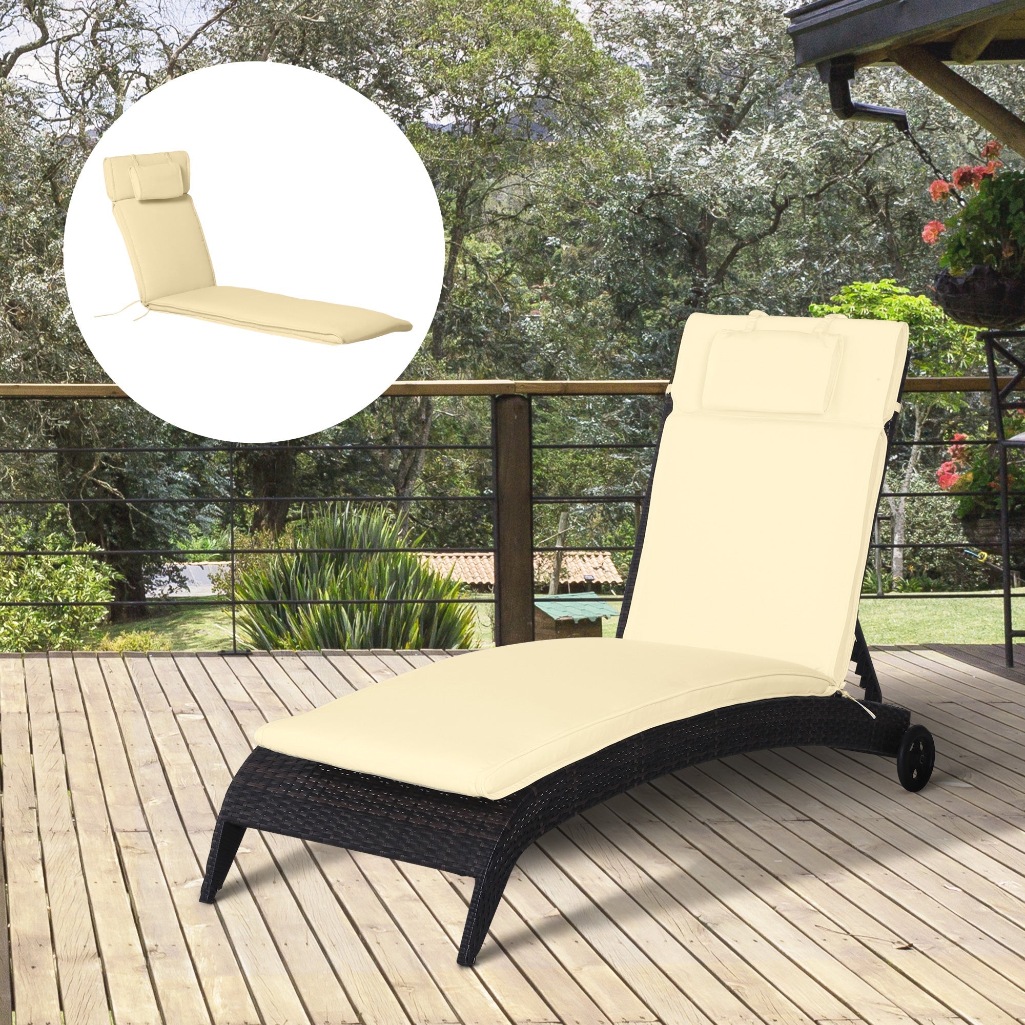 Outsunny Lounger Chair Cushion with Thick Padded, Headrest, Cream White