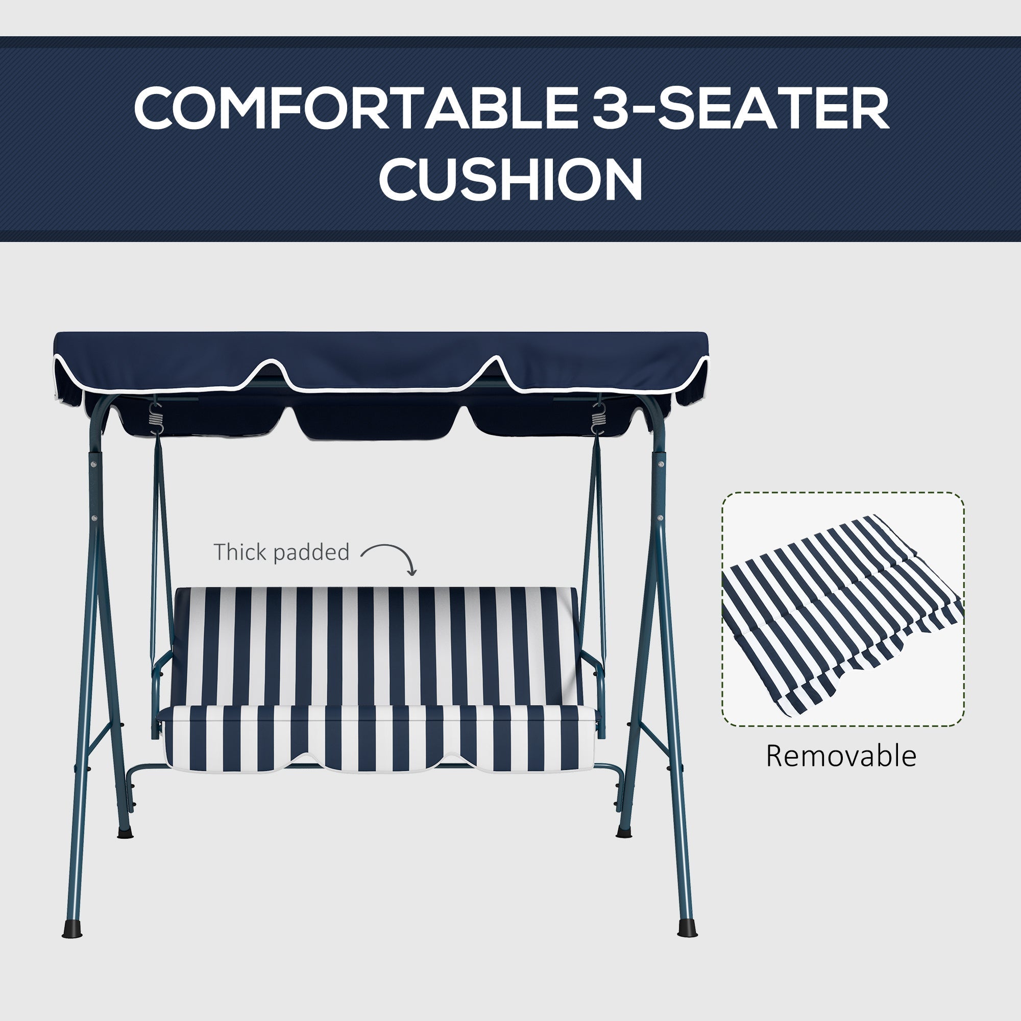 Outsunny 3-Seater Outdoor Porch Swing with Adjustable Canopy, Patio Swing Chair for Garden, Poolside, Backyard, Blue and White