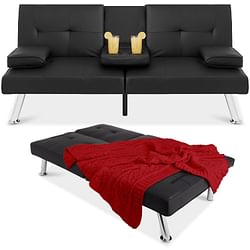 Black Faux Leather Convertible Sofa Futon with 2 Cup Holders - Free Shipping
