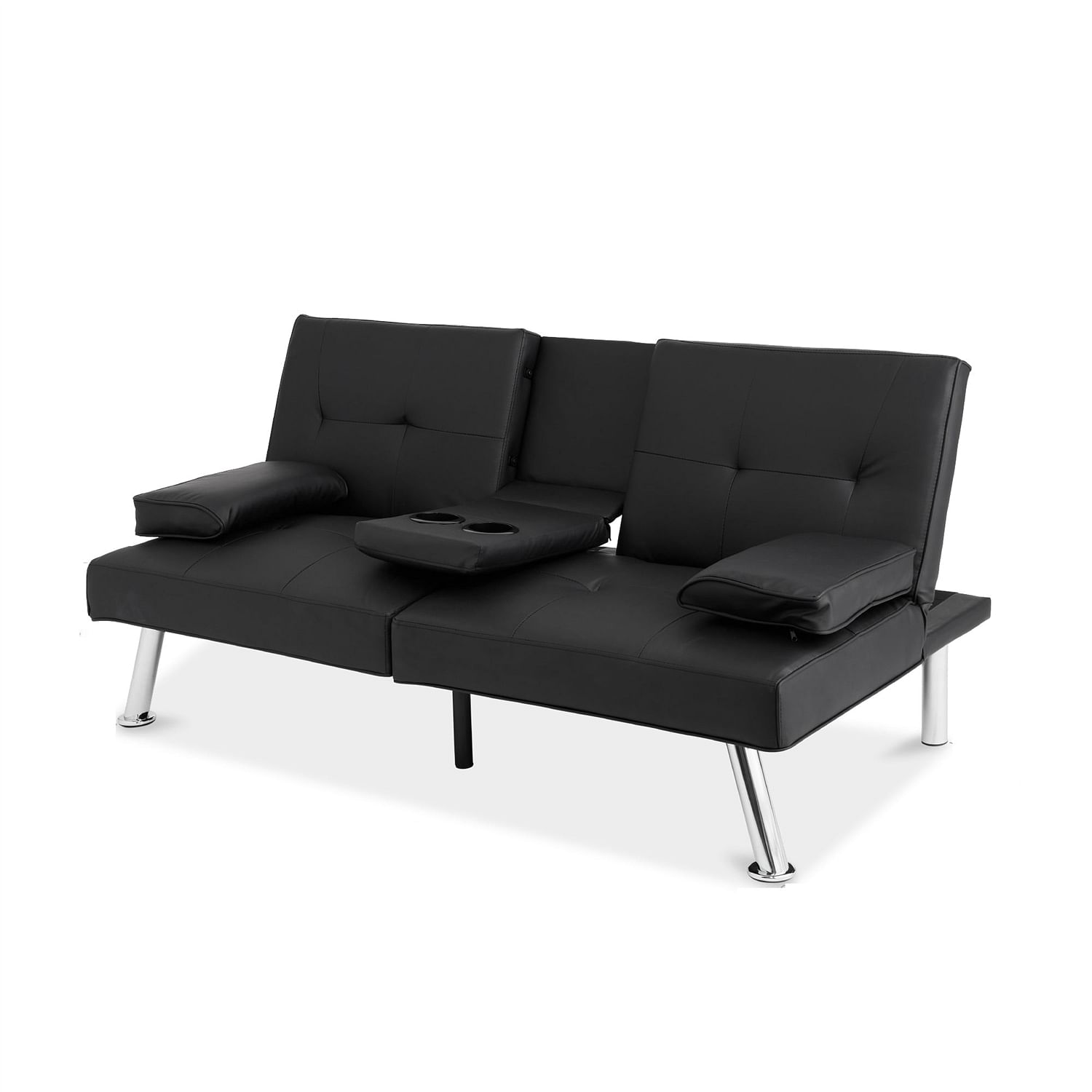 Black Faux Leather Convertible Sofa Futon with 2 Cup Holders - Free Shipping