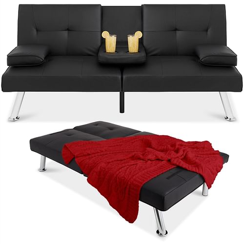 Black Faux Leather Convertible Sofa Futon with 2 Cup Holders - Free Shipping