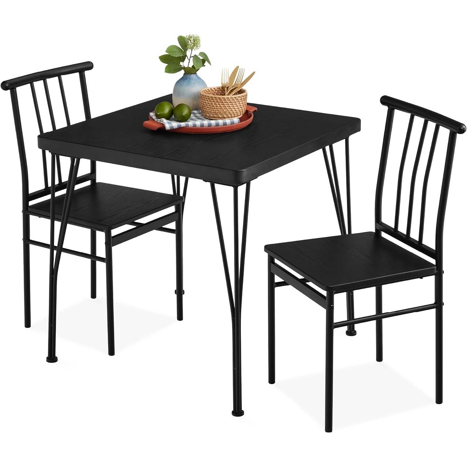 Modern 3-Piece Metal Frame Dining Set with Black Wood Top Table and 2 Chairs - Free Shipping