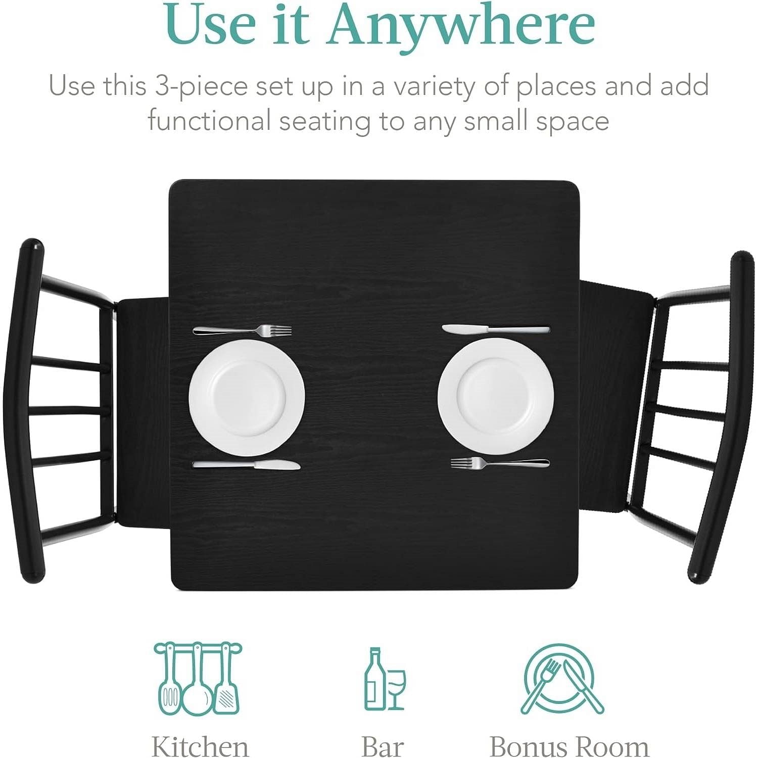 Modern 3-Piece Metal Frame Dining Set with Black Wood Top Table and 2 Chairs - Free Shipping