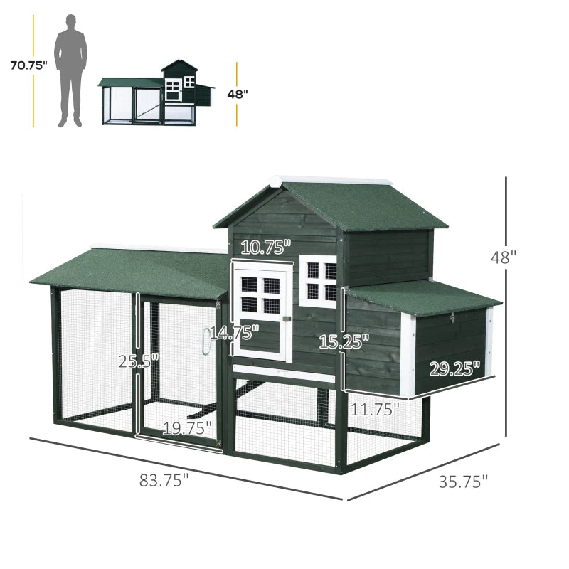 84" Chicken Coop Wooden Hen House Rabbit Hutch Poultry Cage Pen Outdoor Backyard with Nesting Box and Run, Green