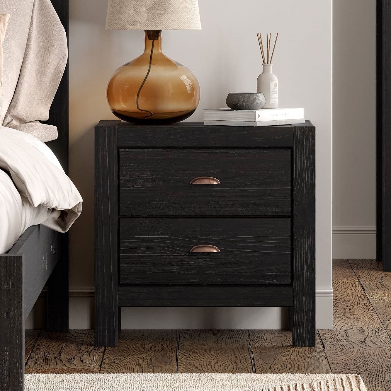 Farmhouse Style Solid Pine Wood 2-Drawer Nightstand Bedside Table in Black - Free Shipping