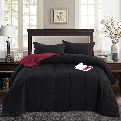 Full/Queen Traditional Microfiber Reversible 3 Piece Comforter Set in Black/Maroon - Free Shipping