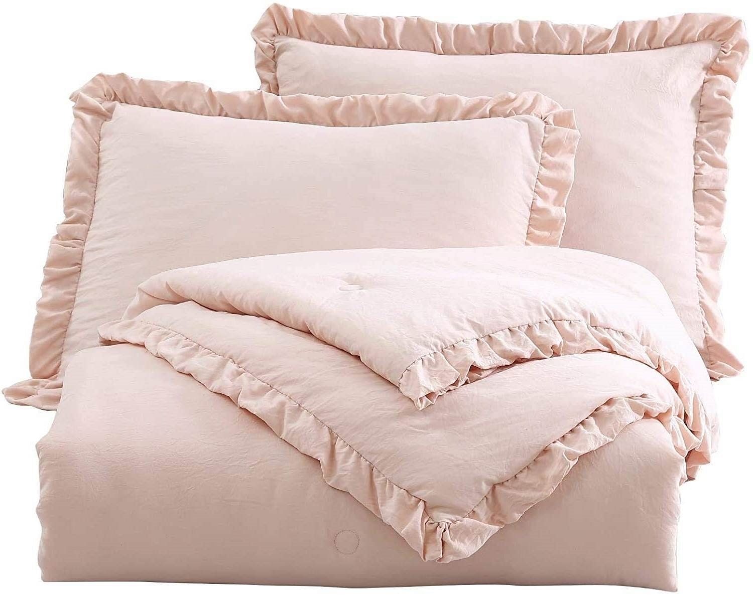 Full Size Pink Stone Washed Ruffled Edge Microfiber Comforter Set - Free Shipping