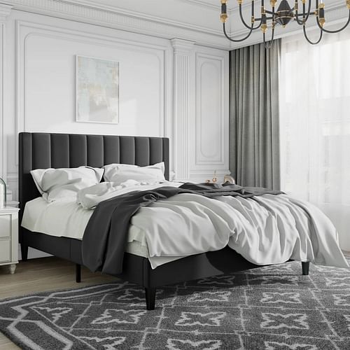 Full size Modern Black Velvet Upholstered Platform Bed with Headboard - Free Shipping