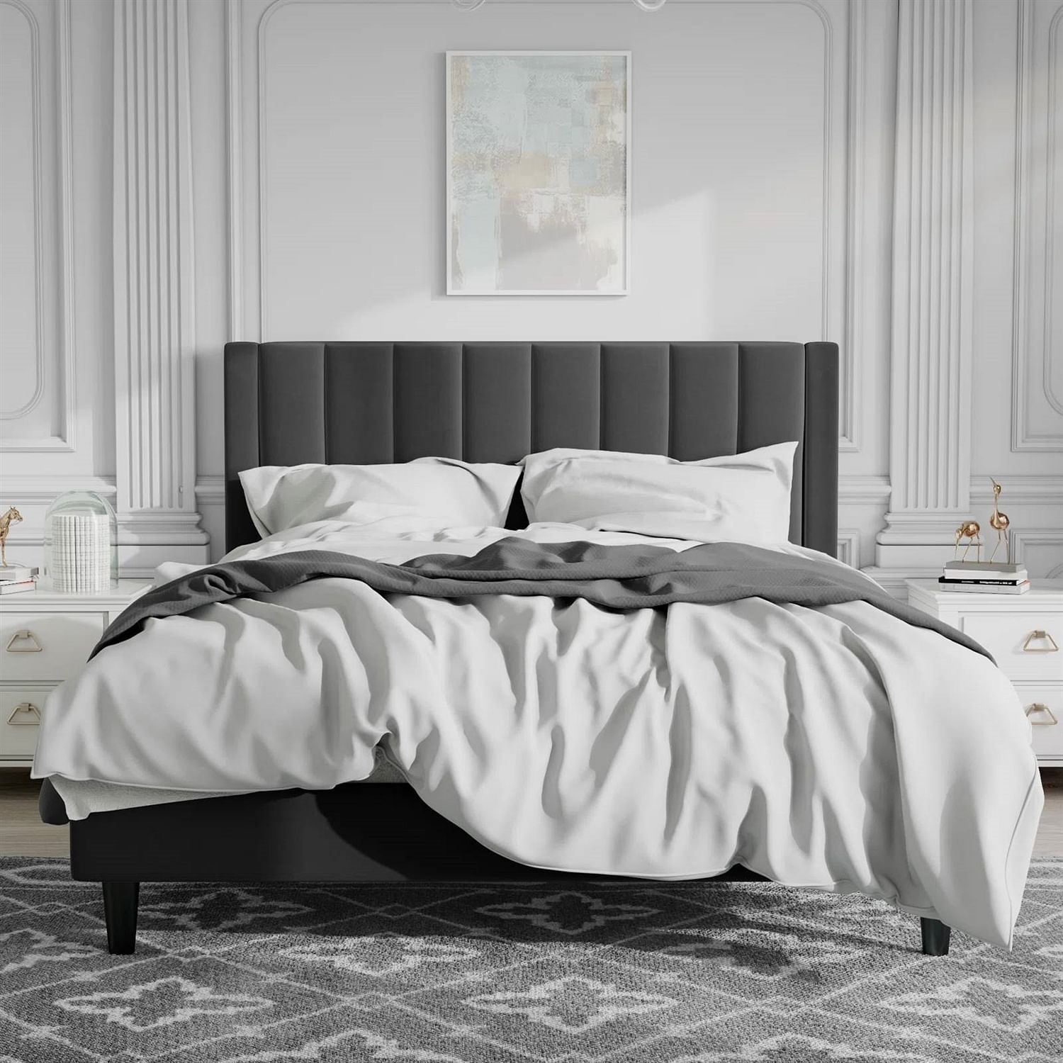 Full size Modern Black Velvet Upholstered Platform Bed with Headboard - Free Shipping