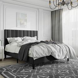 Full size Modern Black Velvet Upholstered Platform Bed with Headboard - Free Shipping