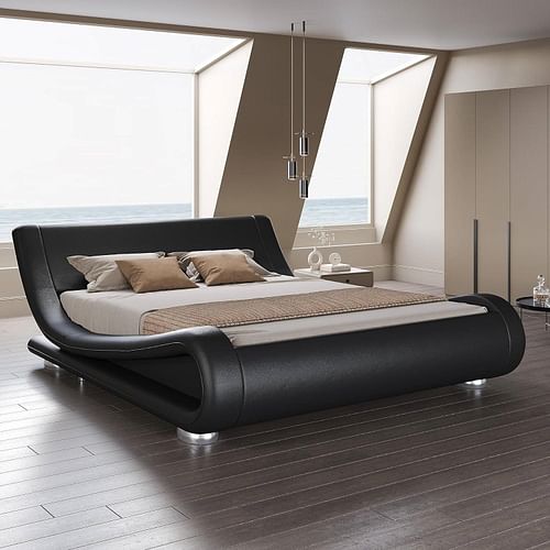 Full Modern Black Upholstered Platform Bed Frame with Sleigh Curved Headboard - Free Shipping