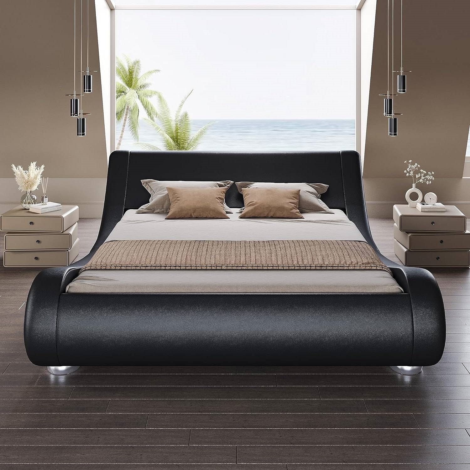 Full Modern Black Upholstered Platform Bed Frame with Sleigh Curved Headboard - Free Shipping
