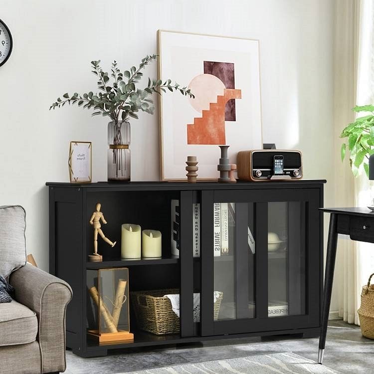 Black Wood Buffet Kitchen Dining Sideboard Storage Cabinet w/ Glass Sliding Door - Free Shipping