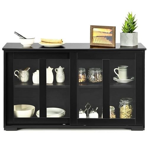 Black Wood Buffet Kitchen Dining Sideboard Storage Cabinet w/ Glass Sliding Door - Free Shipping