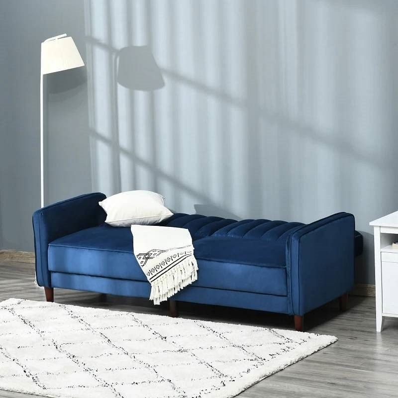 Mid-Century Modern Futon Sleeper Sofa Bed in Blue Velvet Upholstery - Free Shipping