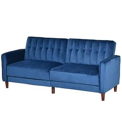 Mid-Century Modern Futon Sleeper Sofa Bed in Blue Velvet Upholstery - Free Shipping