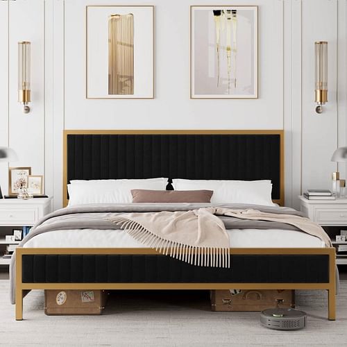 King size Gold Metal Platform Bed Frame with Black Velvet Upholstered Headboard - Free Shipping
