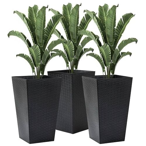 Set of 3 - Black Faux Rattan Plastic Tall Large Flower Pots - Free Shipping
