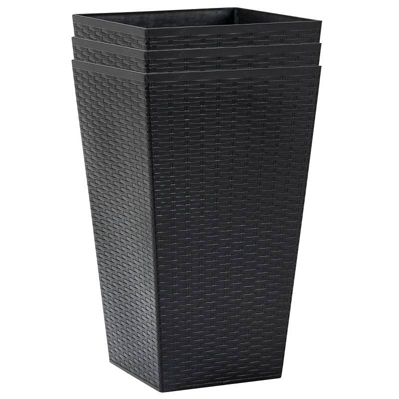 Set of 3 - Black Faux Rattan Plastic Tall Large Flower Pots - Free Shipping