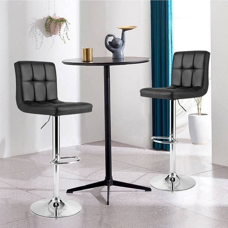 Set of 2 Modern Adjustable Height Bar Stools with Black PU Leather Swivel Seat - Free Shipping