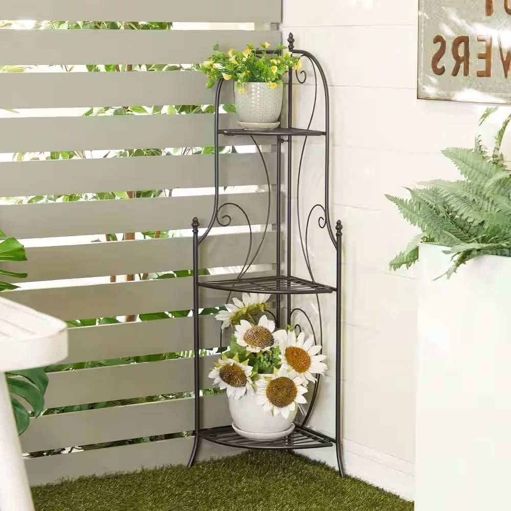 Indoor/Outdoor 3-Shelf Black Metal Corner Bakers Rack Plant Stand - Free Shipping