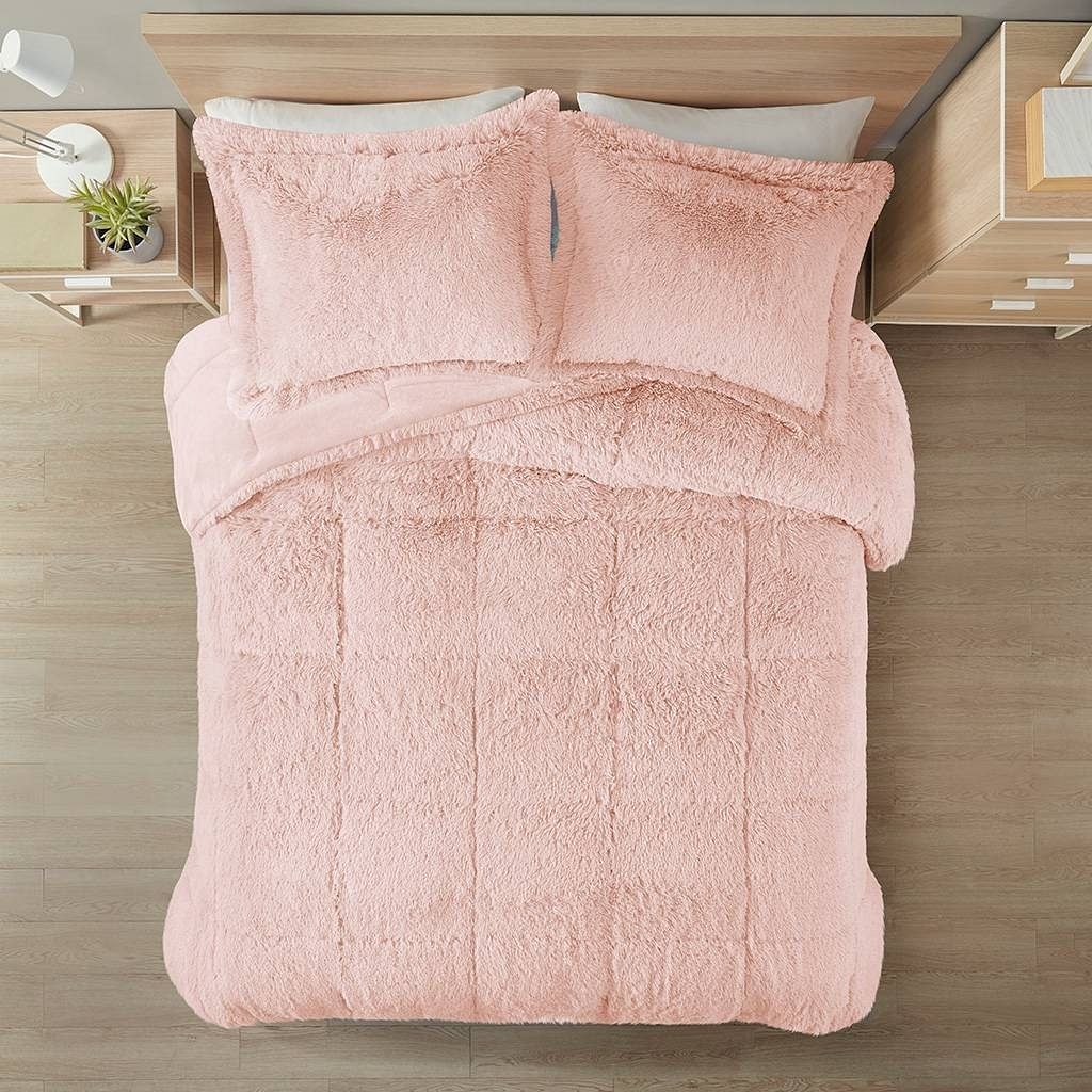 Full/Queen Pink Blush Soft Sherpa Faux Fur 3-Piece Comforter Set - Free Shipping