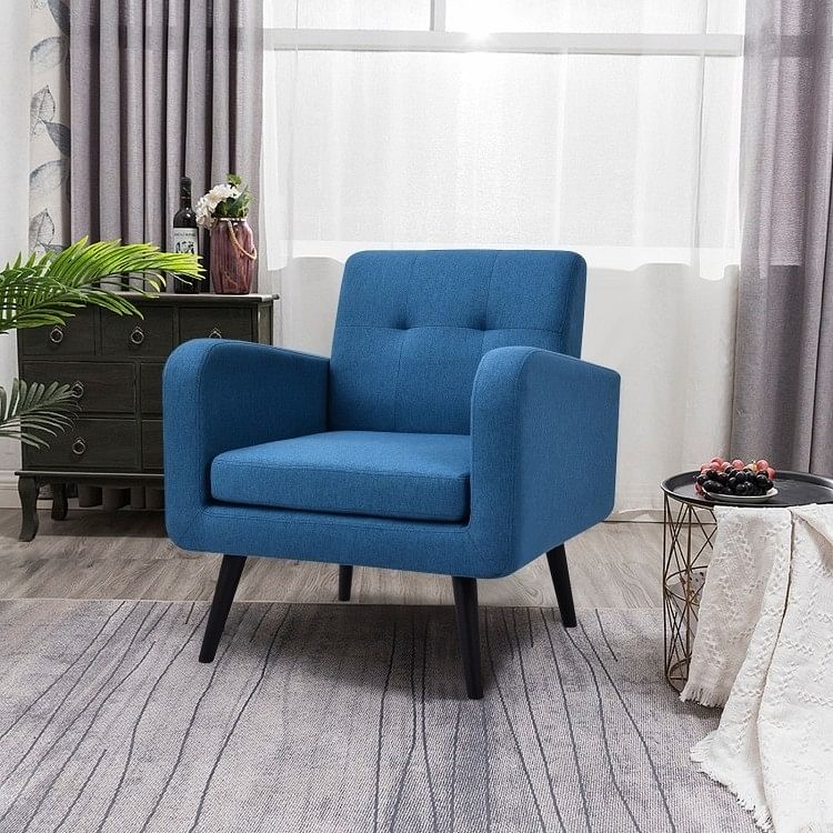 Mid-Century Modern Blue Linen Upholstered Accent Chair with Wooden Legs - Free Shipping