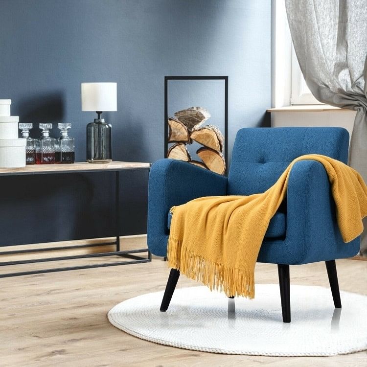 Mid-Century Modern Blue Linen Upholstered Accent Chair with Wooden Legs - Free Shipping