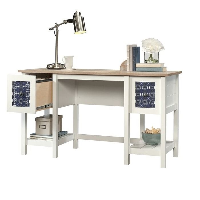 FarmHouse White Blue Oak Top 2 Drawer Office Writing Desk - Made In USA - Free Shipping
