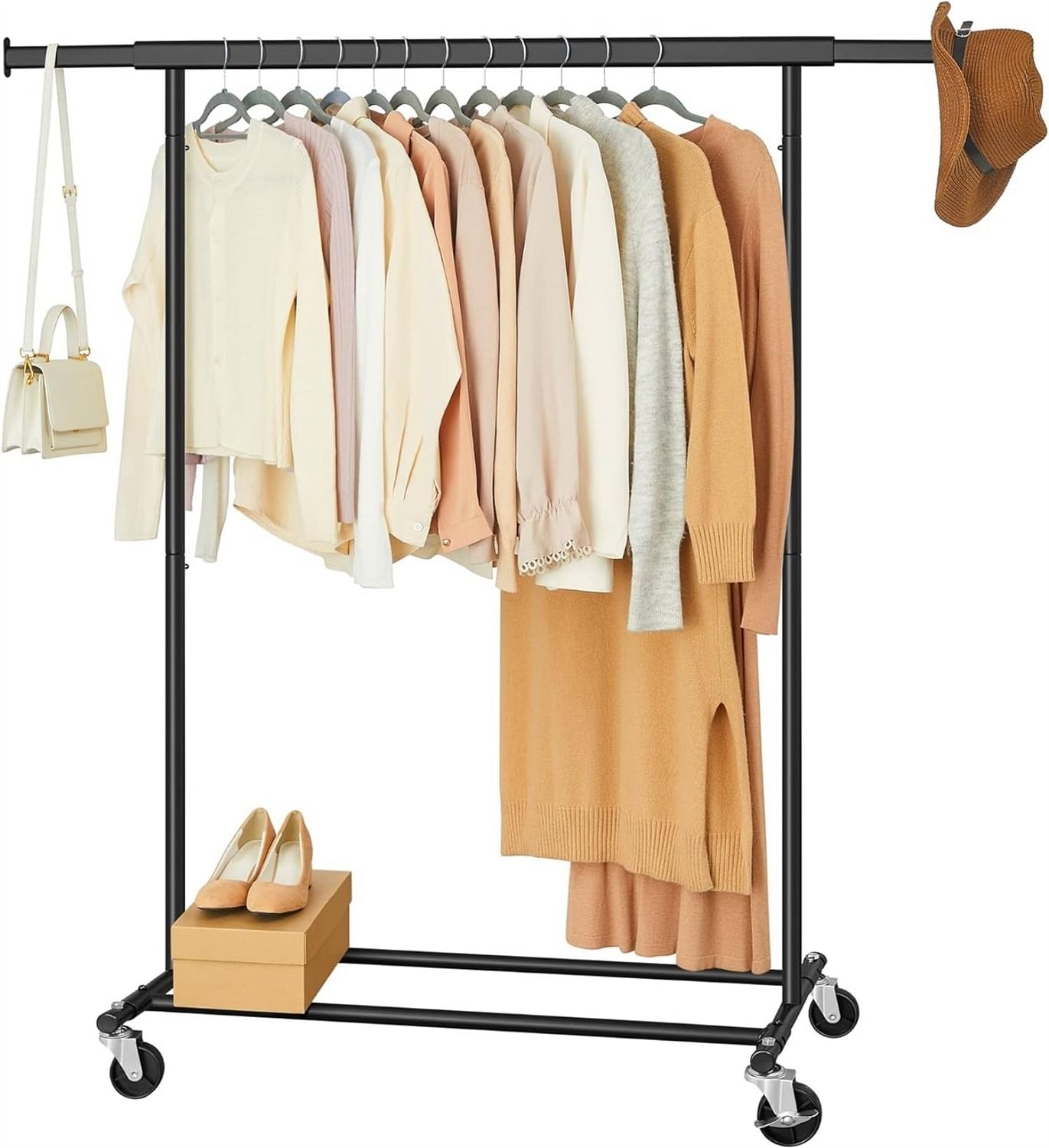 Heavy Duty Black Metal Garment Rack Clothes Hanging Bar on Lockable Wheels - Free Shipping
