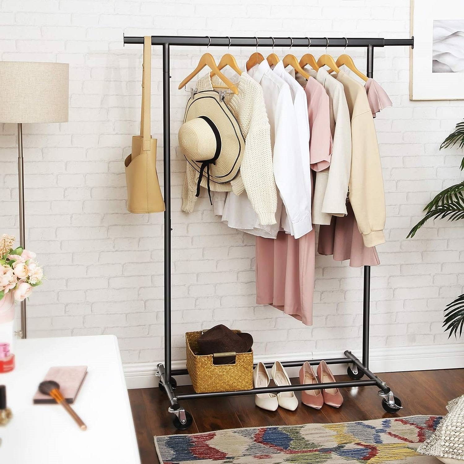 Heavy Duty Black Metal Garment Rack Clothes Hanging Bar on Lockable Wheels - Free Shipping