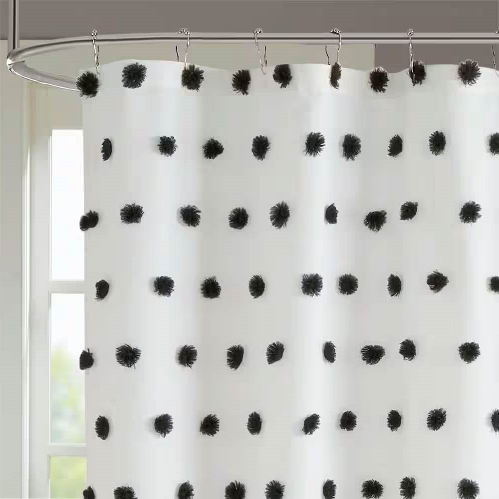 72-inch White Polyester Fabric Shower Curtain with Black Pom Pom Polka Dots - Free Shipping