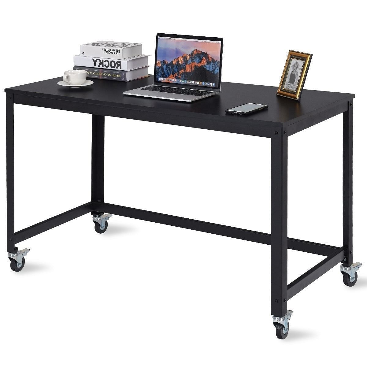 Mobile Steel Frame Laptop Computer Desk with Black Wood Top and Locking Casters - Free Shipping