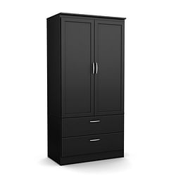 Modern Two Door Wardrobe Armoire with Two Drawers and Hanging Rod Storage, Black - Free Shipping