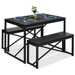 Modern 3-Piece Dining Set - Metal Frame Black Wood Top Table and 2 Bench Chairs - Free Shipping