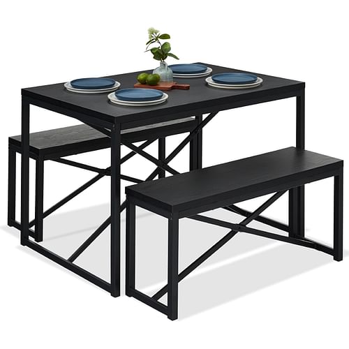 Modern 3-Piece Dining Set - Metal Frame Black Wood Top Table and 2 Bench Chairs - Free Shipping