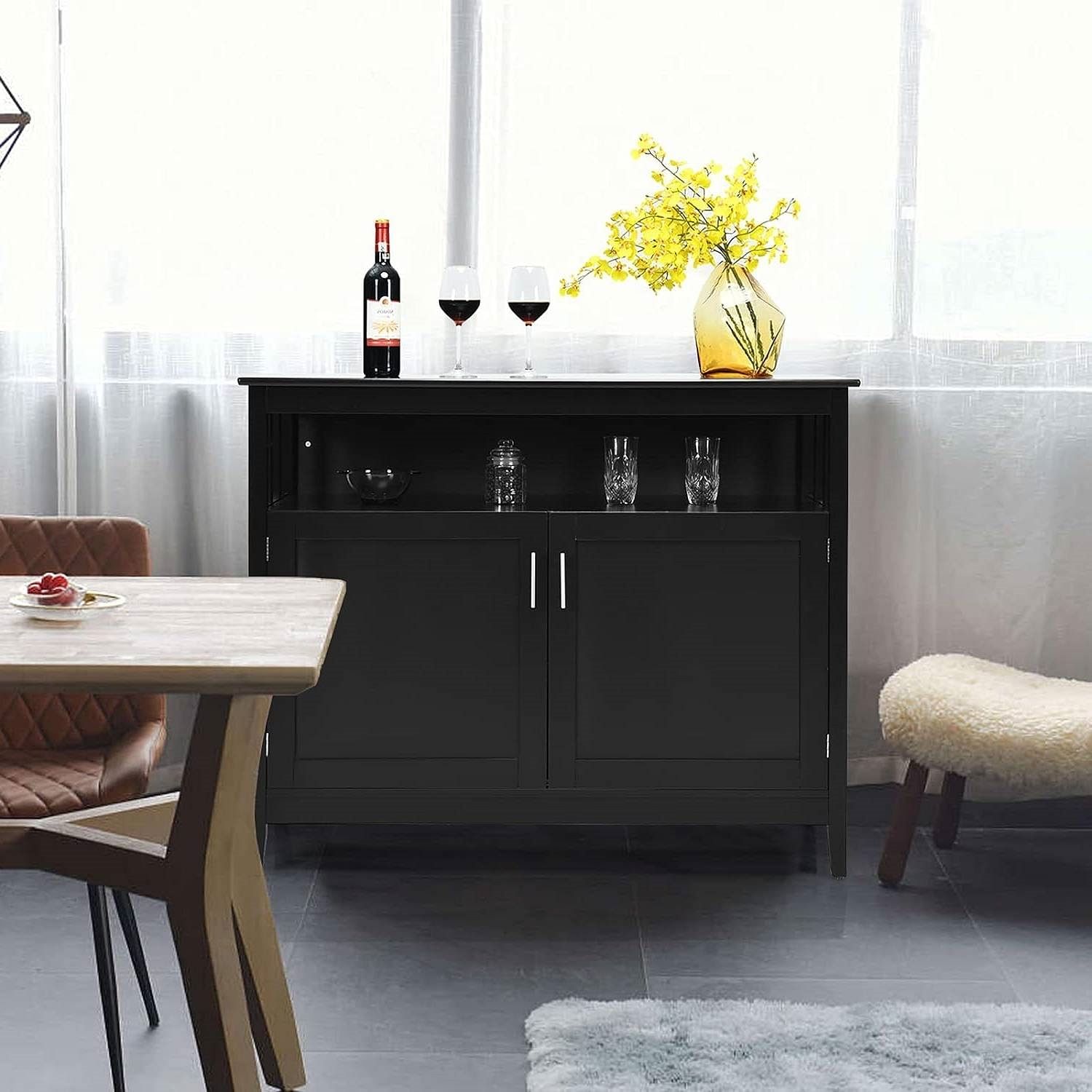 Black Wood 2-Door Dining Buffet Sideboard Cabinet with Open Storage Shelf - Free Shipping